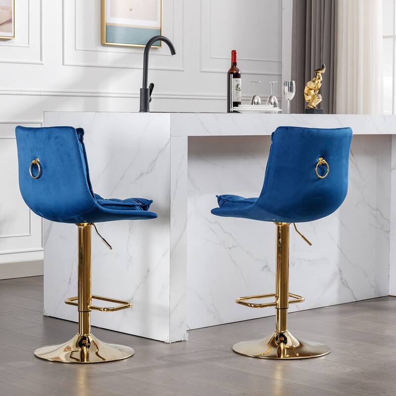 Set of 2 Adjustable Swivel Bar Stools, Blue Velvet with Chrome Footrest & Gold Legs
