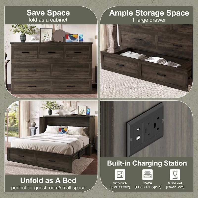 Modern Murphy Bed Cabinet Bed with Drawer Charging Station