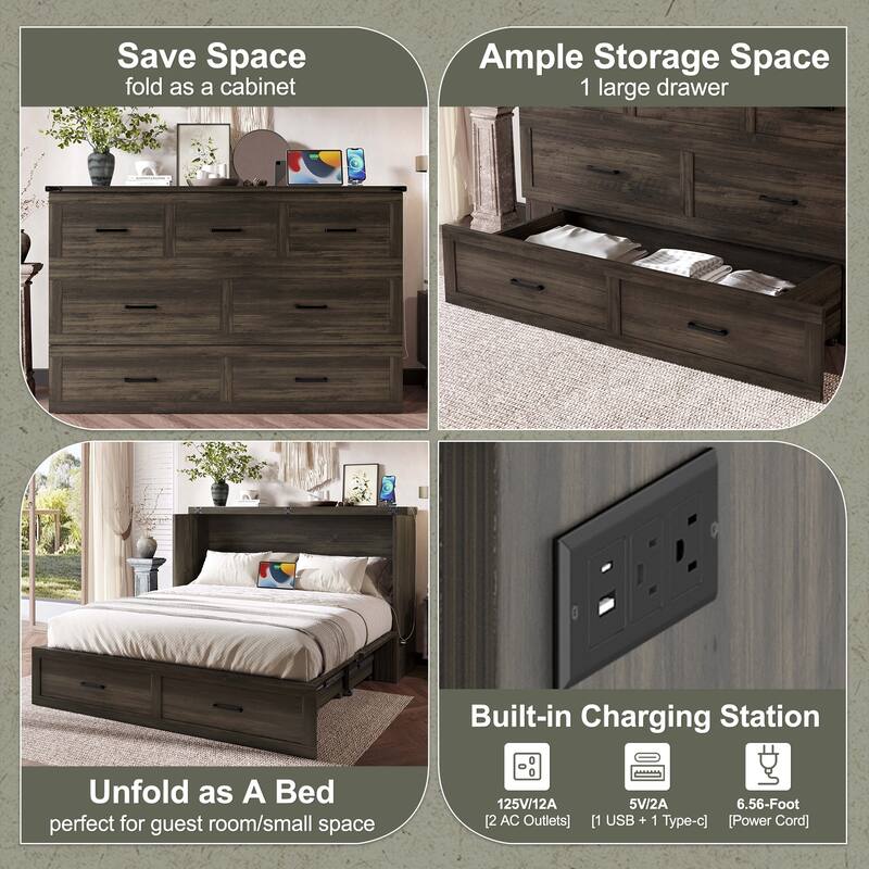 Queen Size Murphy Bed Cabinet with Charging Station and Storage Drawer, Space-Saving Foldable Bed for Small Rooms