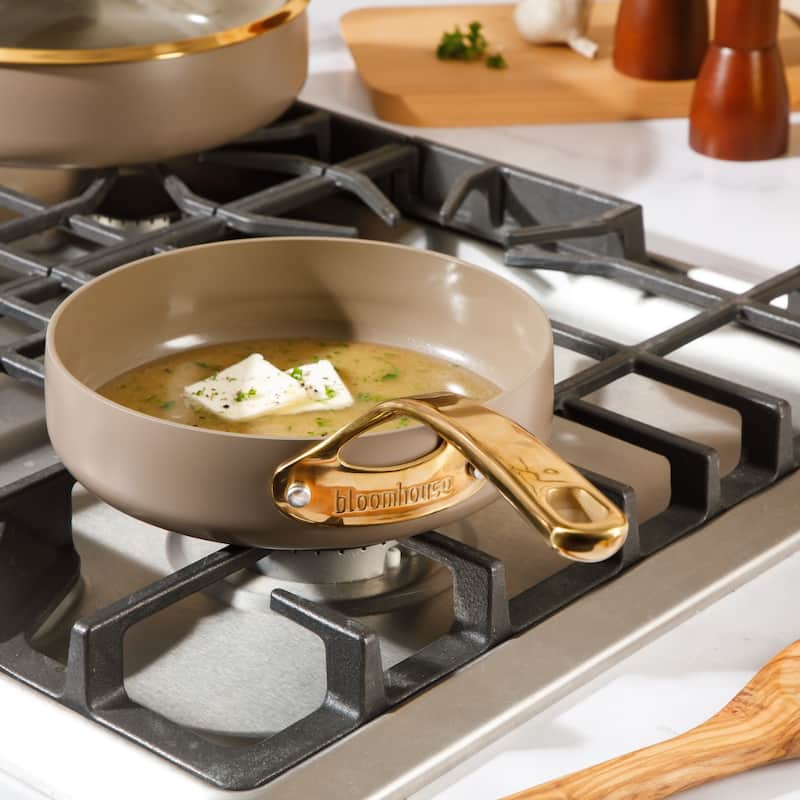 Bloomhouse Pots and Pans Heavy Duty Aluminum Premium PFA Free Ceramic Nonstick - Cappucino Cream with Gold Handle