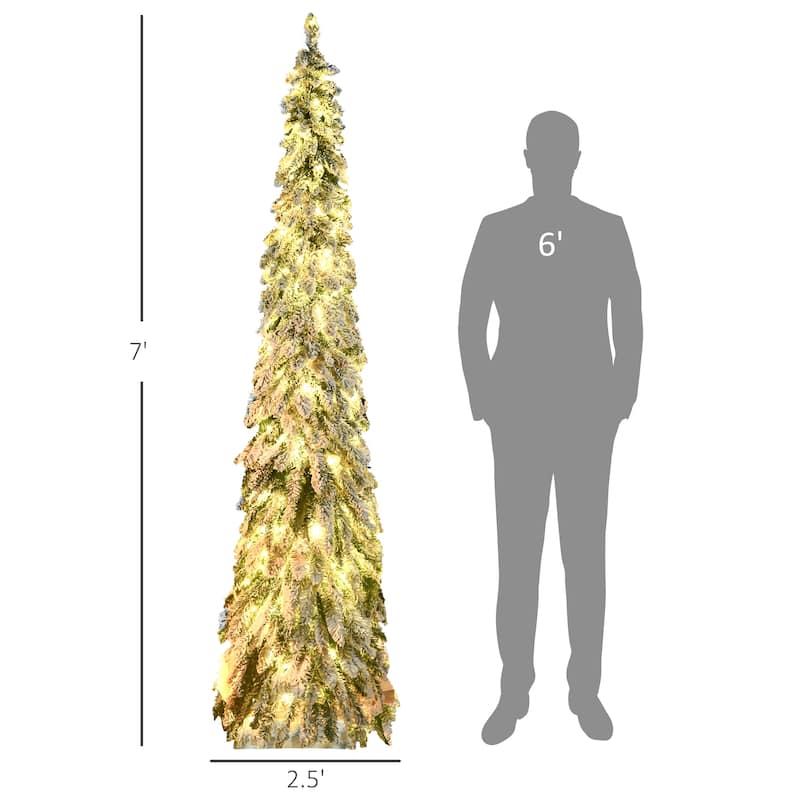 HOMCOM 7ft Tall Prelit Pencil Artificial Christmas Tree Holiday Décor with 534 Snow Flocked Branches, Downswept Shape - 6.89 ft
