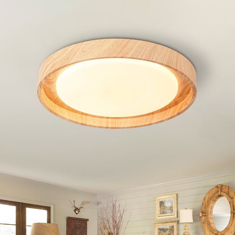 19.7" W Modern Minimalist Round Circle Integrated LED Flush Mount Ceiling Light with Wood Grain Finish - Beige/White - 19.7 in. W x 2.4 in. H x 19.7 in. D
