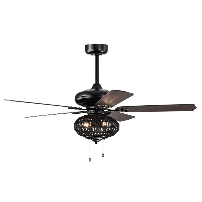 Riconic 52-Inch Matte Black Lighted Ceiling Fan with Weaved Rope Shade