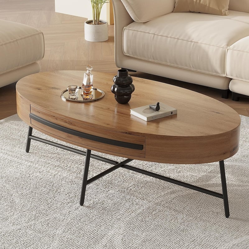 Oval Coffee Table with Drawer, 47.2" Mid-Century Modern Center Table, Wooden Coffee - Brown