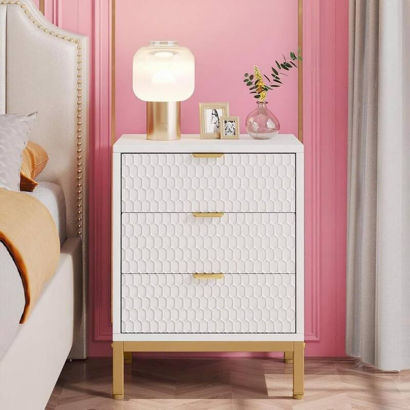 White Particleboard Nightstand with 3 Drawers and Gold Metal Base