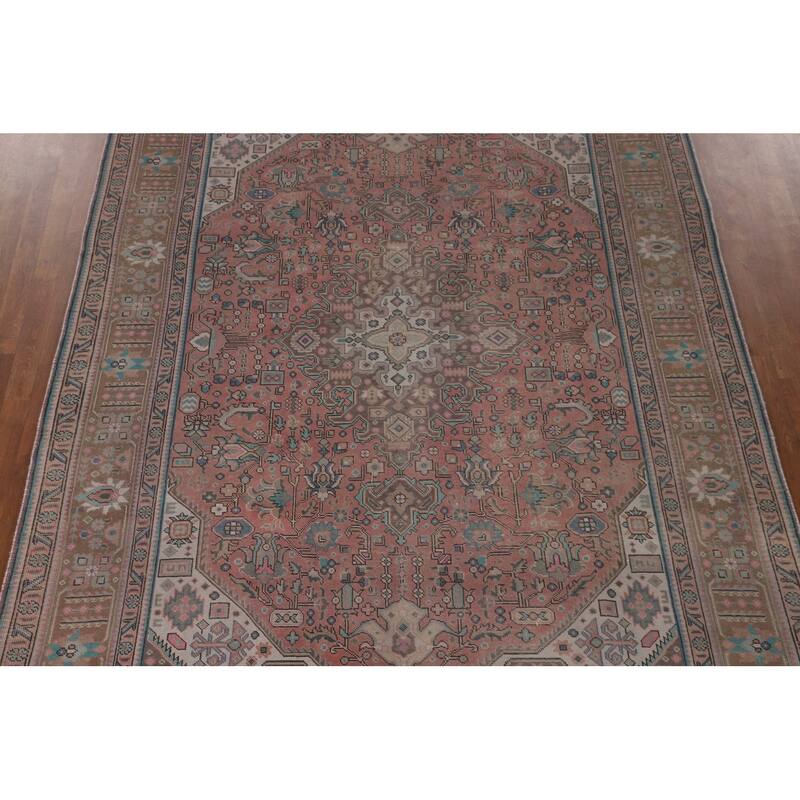 Pink Geometric Tabriz Persian Vintage Area Rug Handmade Wool Carpet - 7'10" x 11'0"
