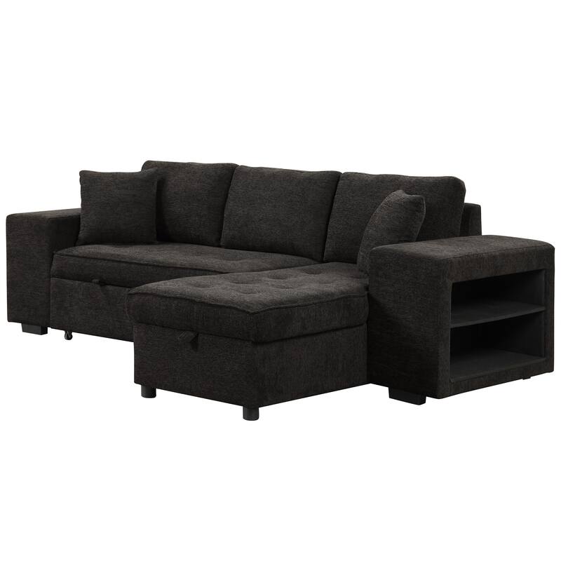Black 104.5" Charcoal L-Shaped 3-Seater Convertible Sofa with Pull-Out Bed, Storage Chaise, and 2 Convenient Stools