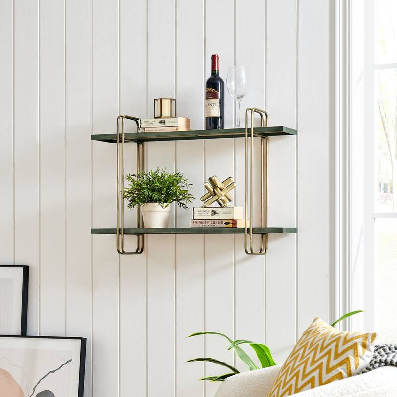 Danya B. Two-Tier Warm Gold and Washed Oak Brown Metal Hanging Bracket Wall Mounted Shelf