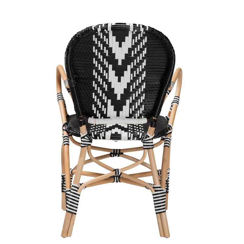 Wallis Modern French Two-Tone Black and White Weaving and Natural Rattan Indoor Dining Chair