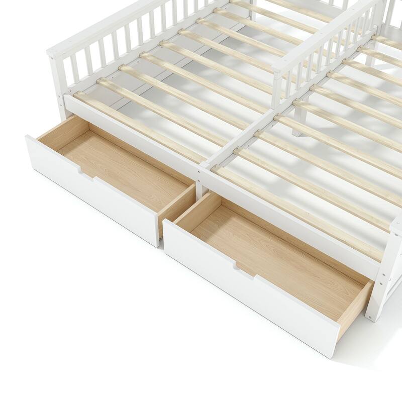 Double Twin Platform Bed with Storage Shelves and Drawers, House Platform Bed with Support Slats, Childlike