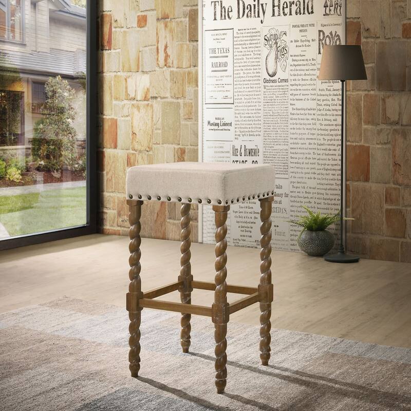 30" Ivory and Brown Nailhead Trimmed Bar Stool with Barley Twist Legs