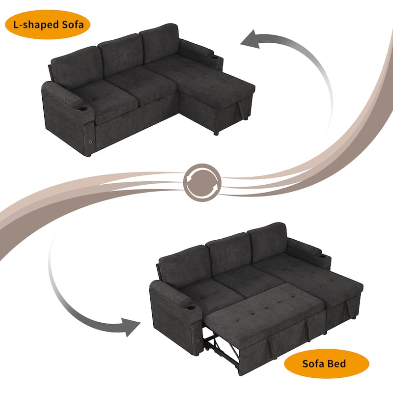 83.5" L-Shaped Convertible Sectional Sofa Bed with Storage Chaise Cup Holders USB Ports Chenille Couch for Living Room