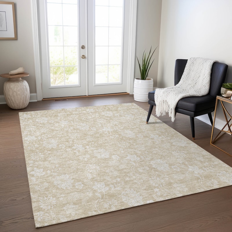 Machine Washable Indoor/ Outdoor Chantille Floral Farmhouse Rug - Beige - 5' x 7'6"