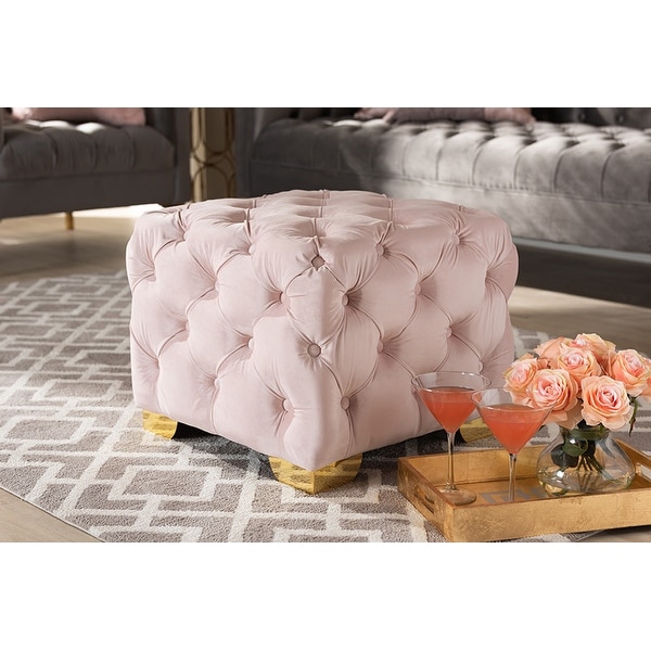 Matthew Light Pink Velvet Fabric Gold Finished Button Tufted Ottoman Bed Bath Beyond 29874452