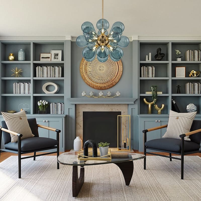 18-Light Cluster Blue Glass Bubble Chandelier - 25in Wide Gold