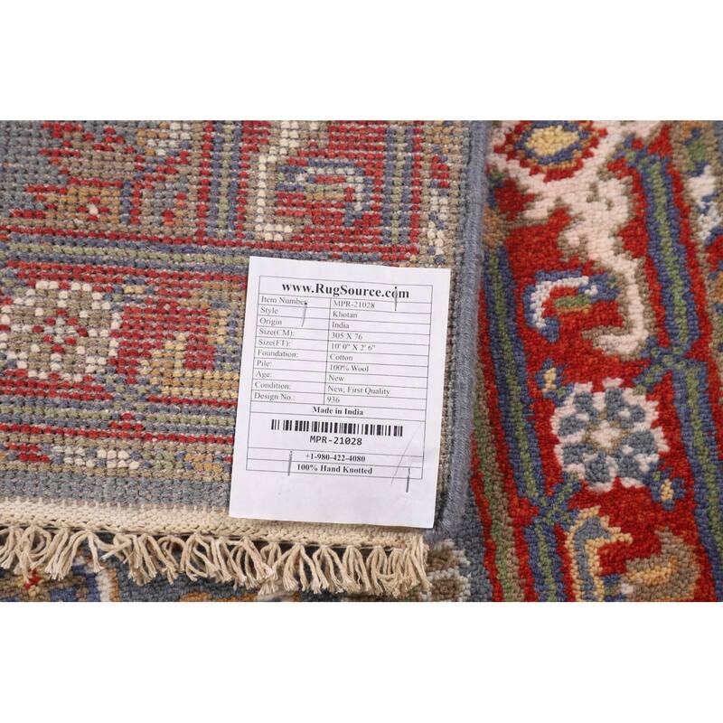 Blue Geometric Khotan Oriental Runner Rug Handmade Wool Carpet - 2'6"x 10'0"