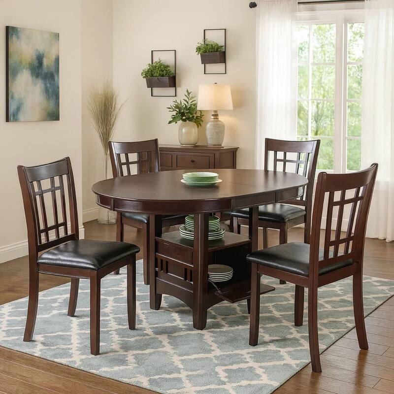 5 Piece Dining Set, 42 Inch Round Extendable Table With 4 Chairs, Espresso