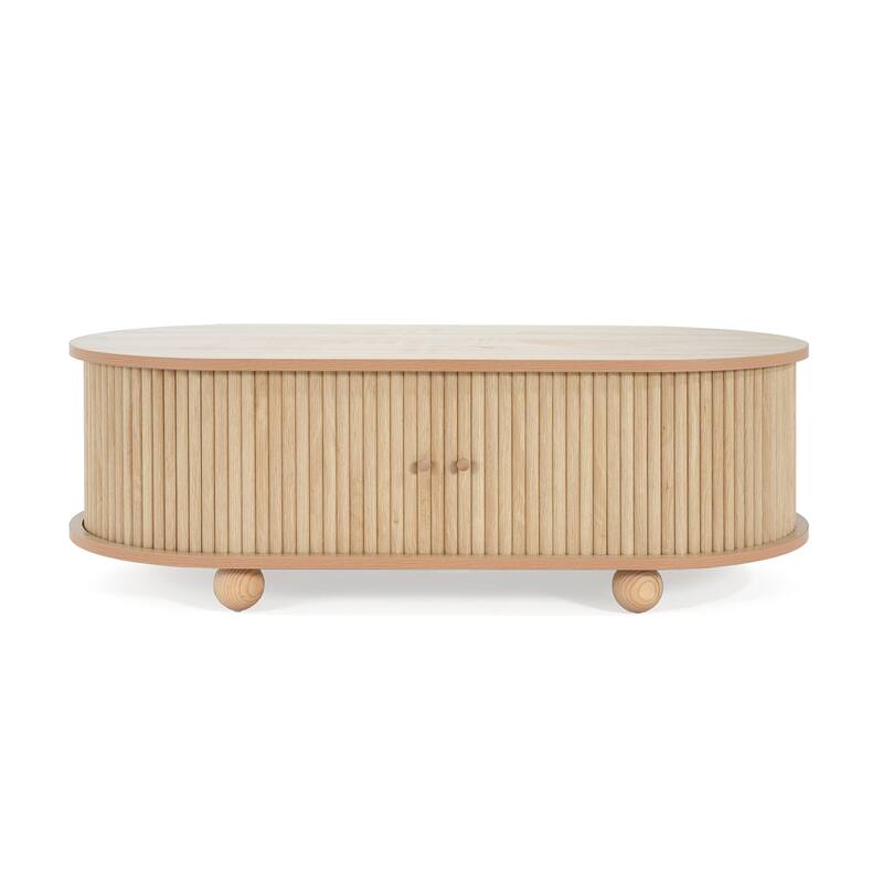 Natural Wood Grain Long Oval Coffee Table Storage Center Table with Hidden Compartment, Accordion Door and Ball-shaped Legs
