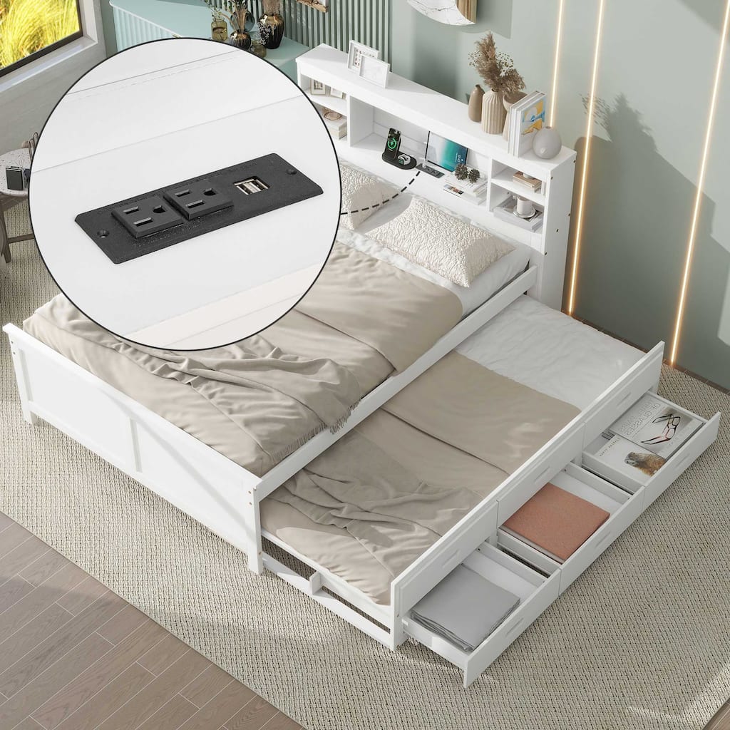Full Size Platform Bed with Storage Headboard, USB, Twin Trundle, and 3 Drawers in White