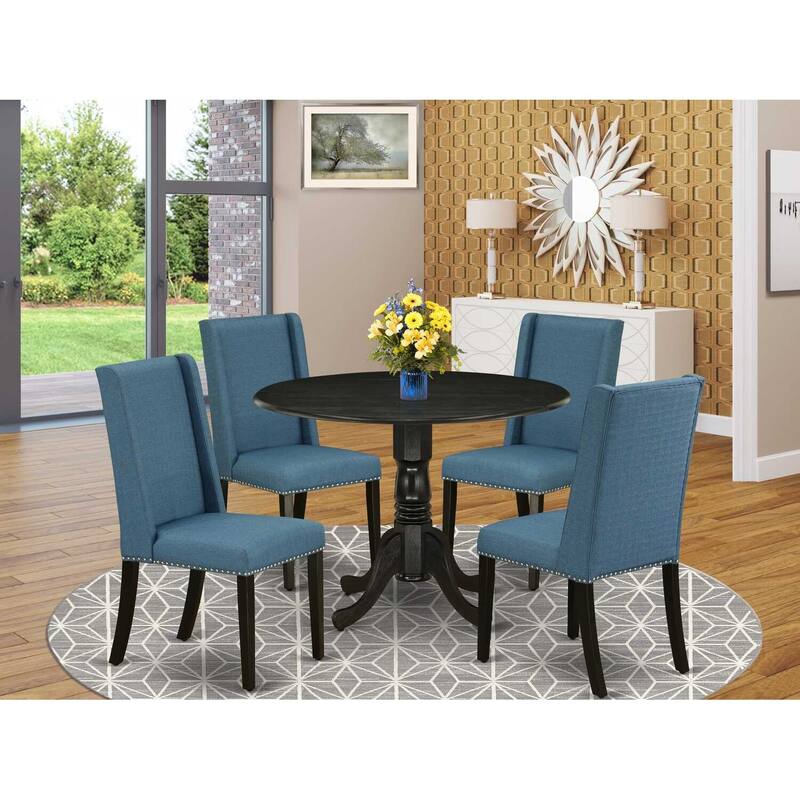 HomeStock 5-Piece Wirebrushed Black Finish Solid Wood Top Dining Table with 4-Parson Chair with Lattice Back