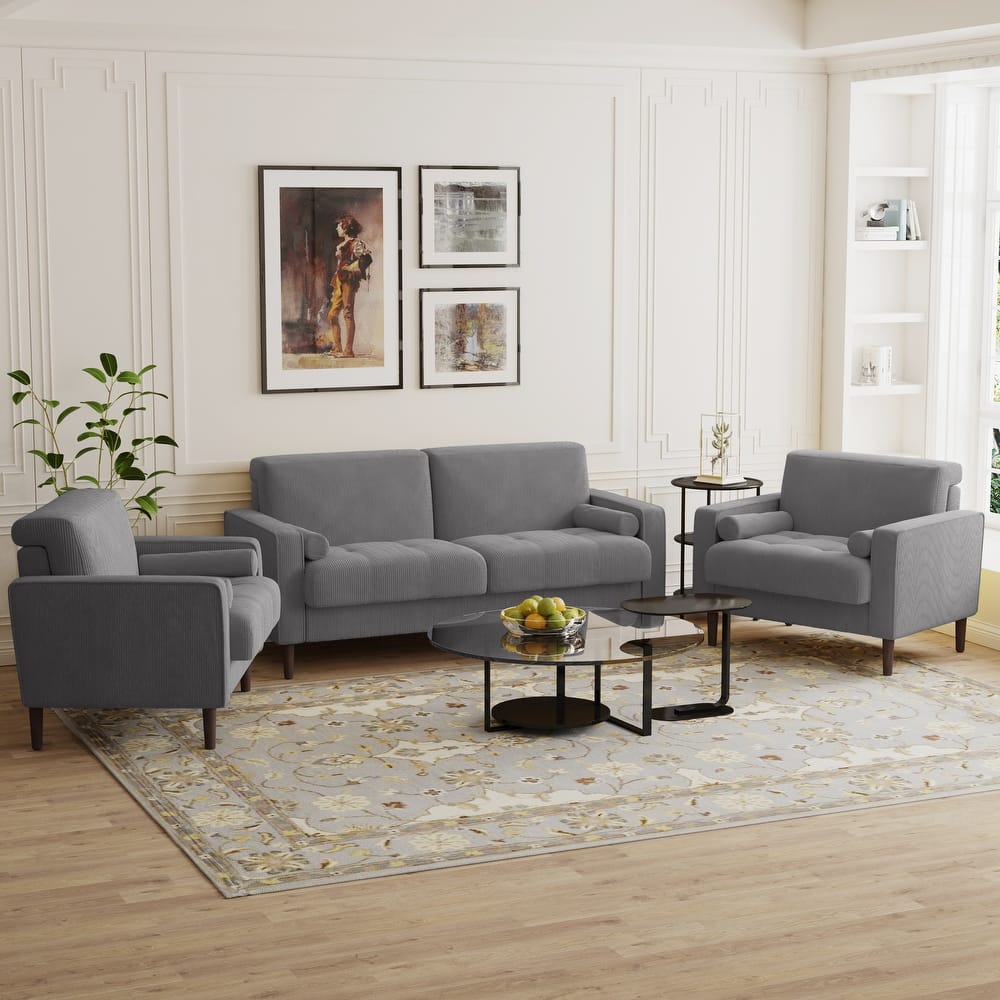 3-Piece Corduroy Tufted Club Armchair and Loveseat Set for Living Room