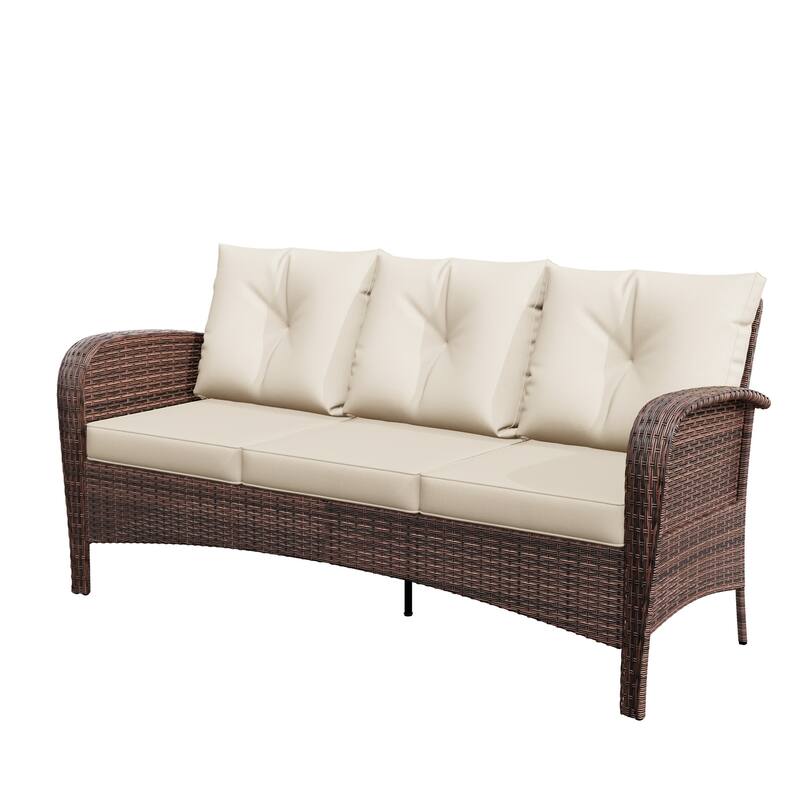 Cozywor 72"Wide 3-Seat Brown Wicker Outdoor Sofa, Couch Patio Sofa with Deep Seating and Thick Cushions, Red