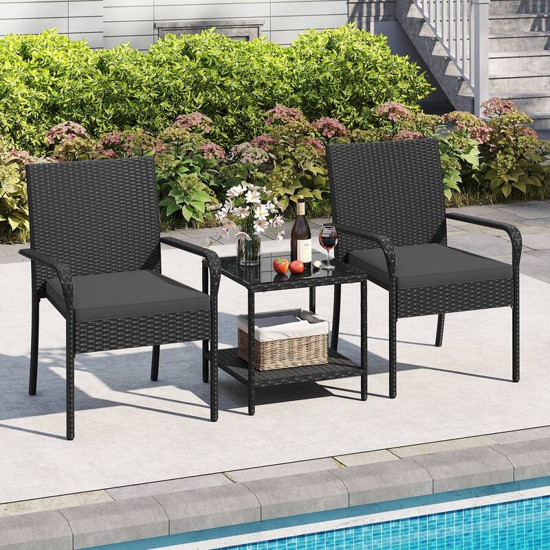 Gymax 3 Piece Patio Furniture Set Outdoor Wicker Chair & Table Set w/ - Black