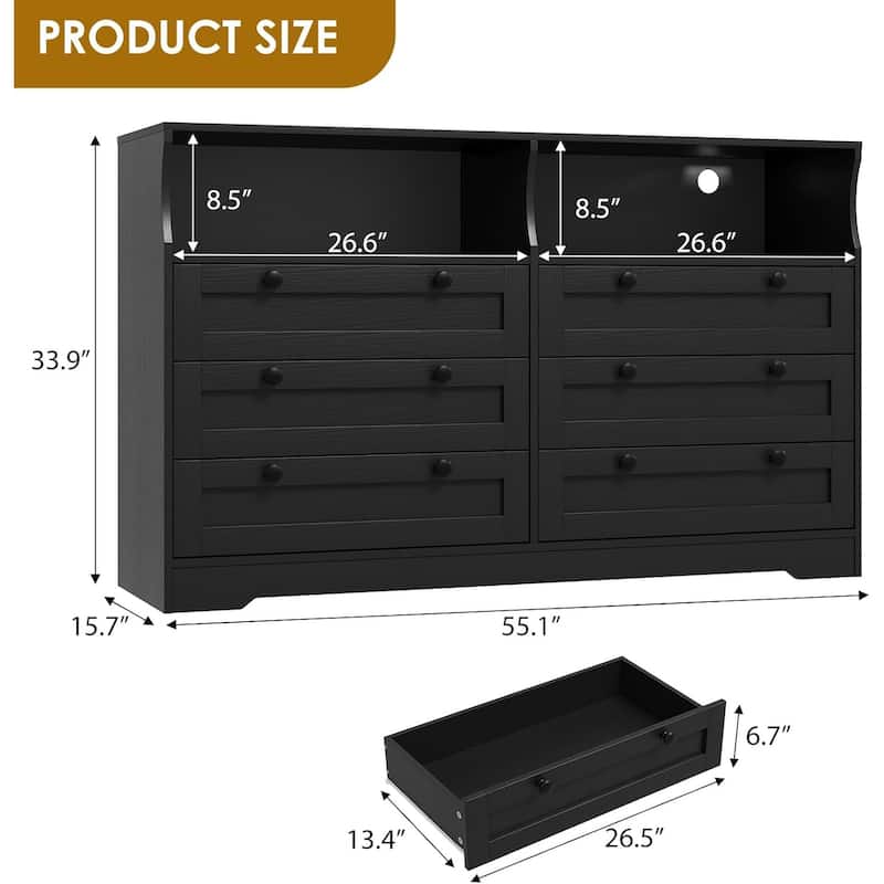 6 Drawer Dresser for Bedroom with Power Outlet and LED Light