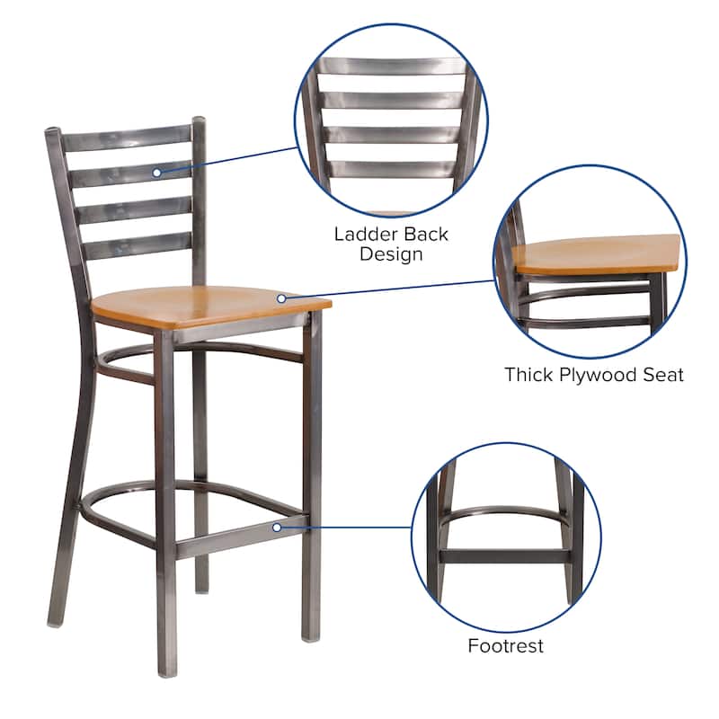 Clear Coated Ladder Back Metal Restaurant Barstool - 17"W x 18"D x 42.25"H