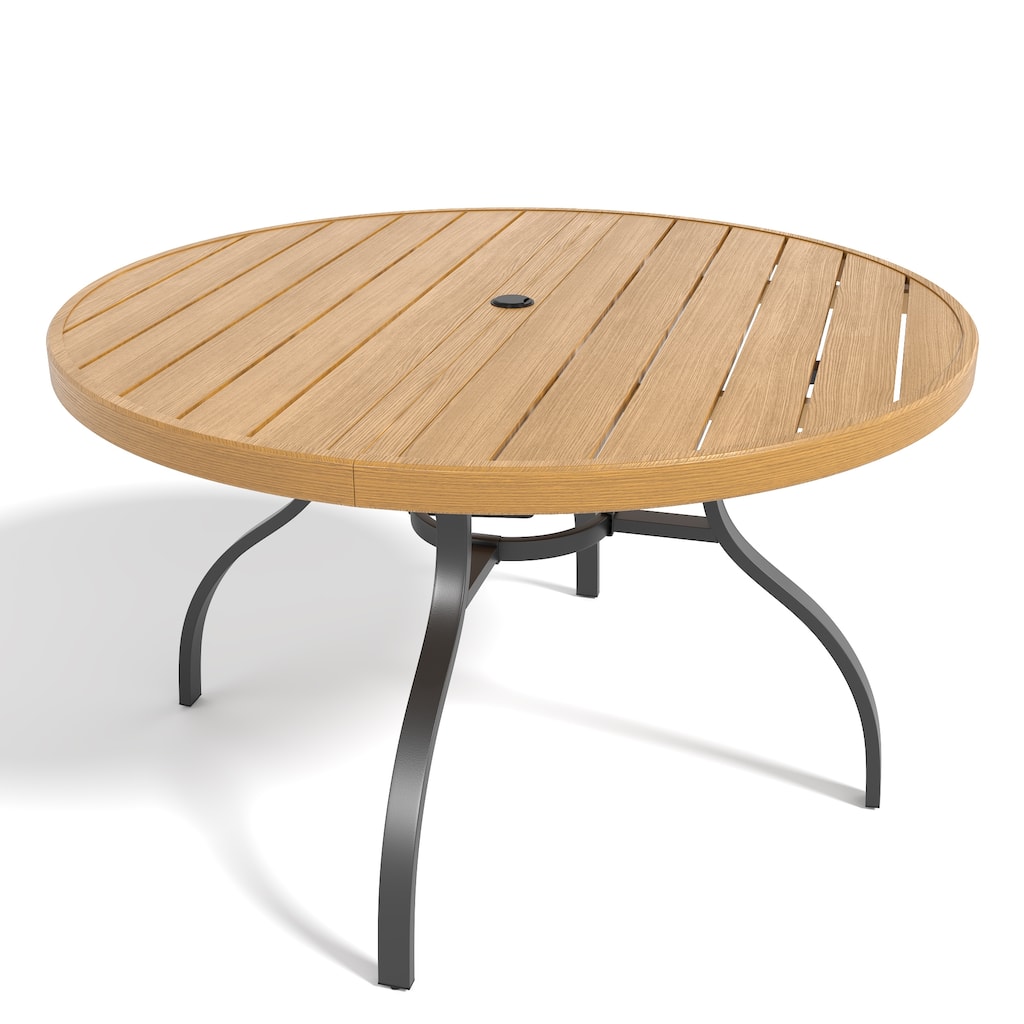 Round Faux Wood Slat Patio Table 47"with Umbrella Hole, Realistic Wood Grain Top + High-Quality Iron Legs, Rust-Resistant