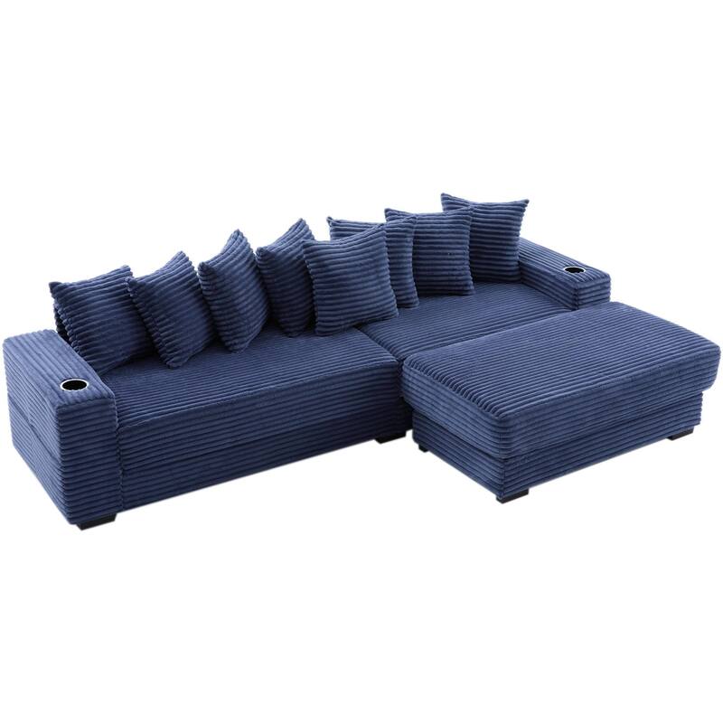110.75" Corduroy Sectional Sofa, Convertible Sleeper Sofa Bed L-Shaped Upholstered Couch with Removable Footstool, Cup Holder