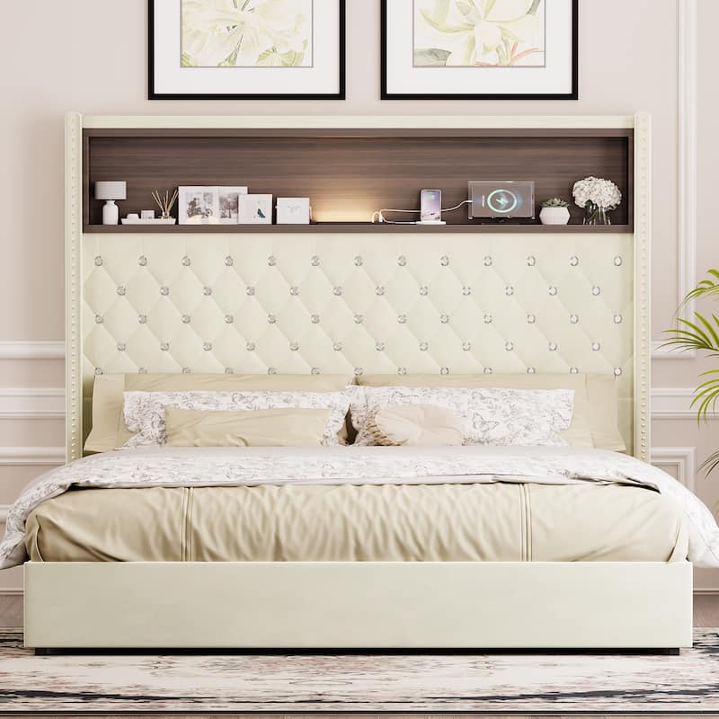 Velvet Tufted Wingback Bed Frame with Rivet Decoration Headboard Built-in Shelf USB Port and Night Light, Soft Platform Bed