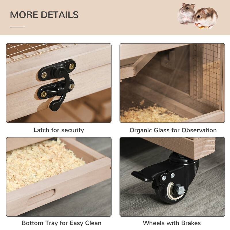 3-Tier Wooden Hamster Habitat with Wheels, Doors and Play Features - 39" W x 19.75" D x 27.25" H