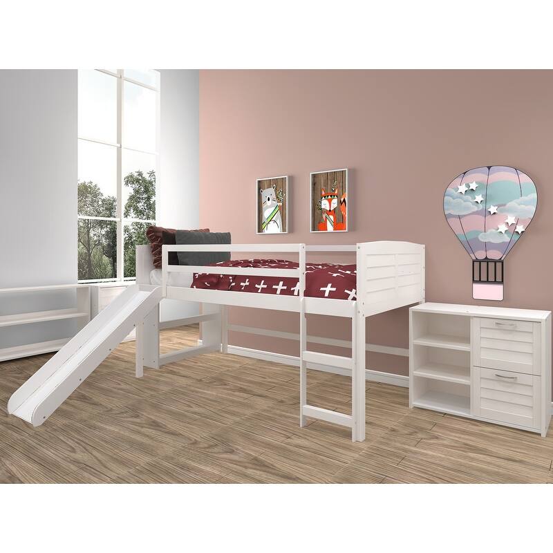 Twin Louver Low Loft in White with Slide, 3 Drawer Chest, 2 Drawer Chest with Shelves or Bookcase
