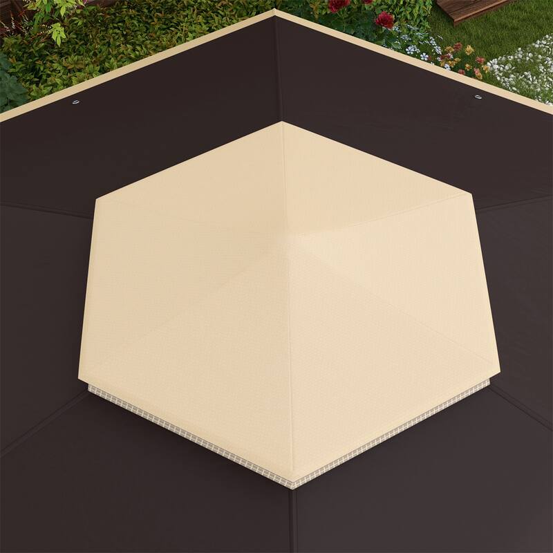 Beige Steel Polyester Mesh Hexagon Pop Up Canopy Tent with Sidewalls - Top Height: 9.4'