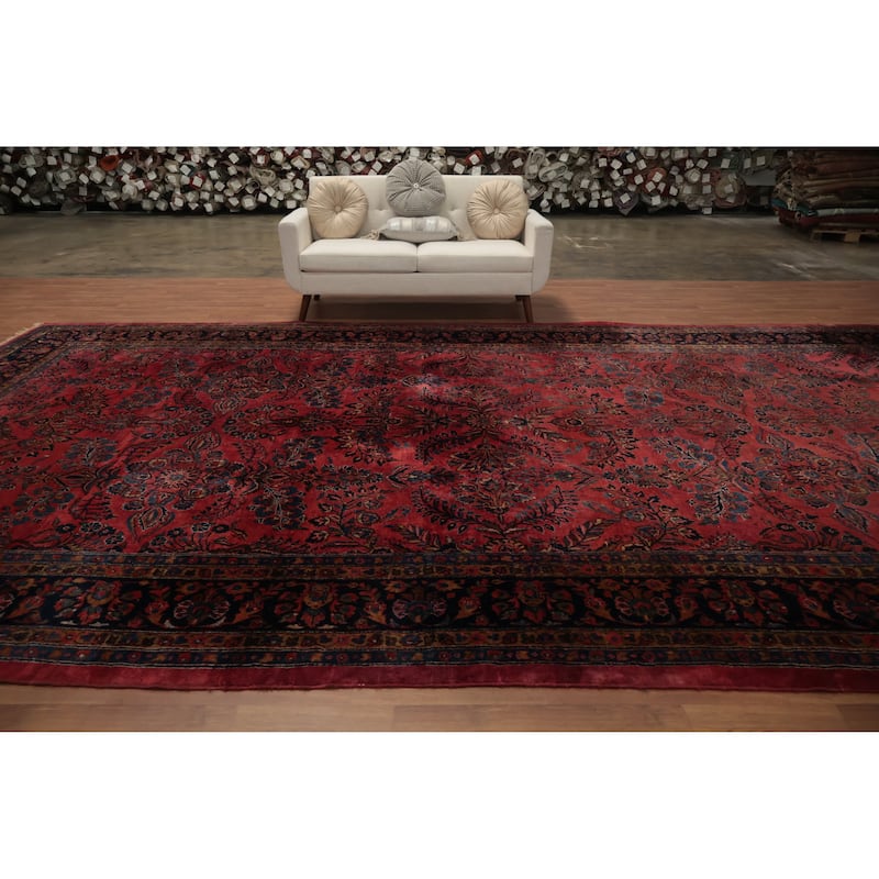 Hand Knotted Oriental 100% Wool Carpet Traditional Floral Pink Sarouk Area Rug - 17' 10'' X 10' 6''