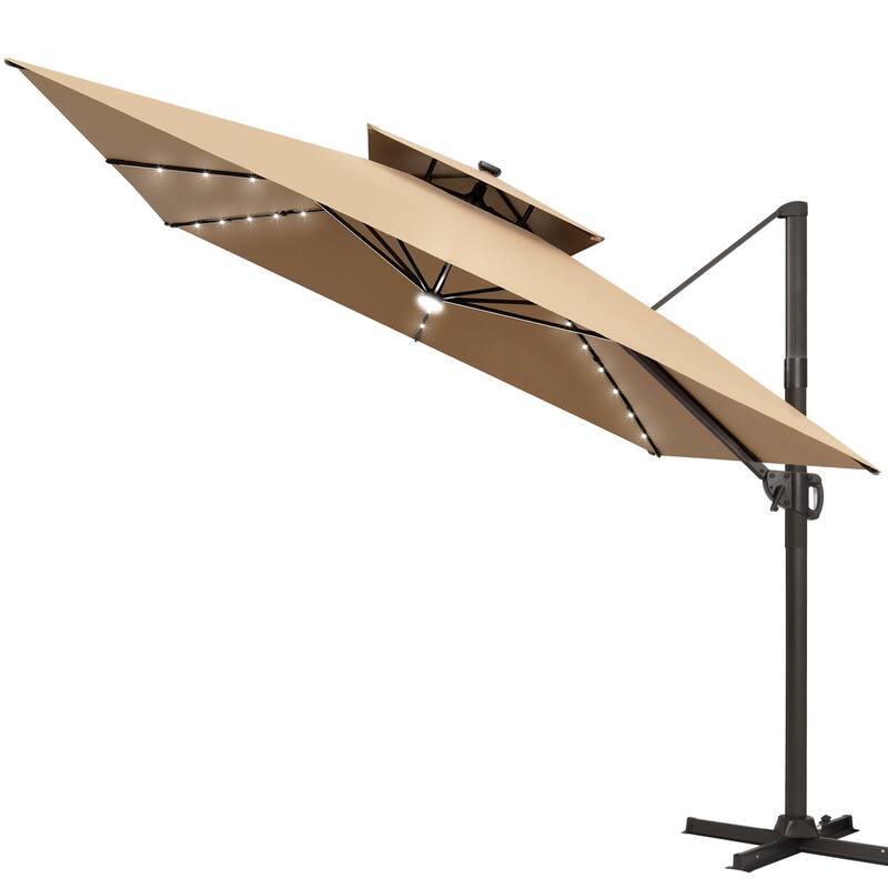 11 FT Square Outdoor Patio Cantilever Umbrella with Solar Lights Double Canopy 360 Rotation Tilt