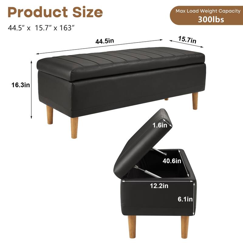 Javlergo Black Striped PU Leather Storage Bench with Lift Top Wooden Legs & 1.6" Cushion Multi-Functional for Bedroom Entryway