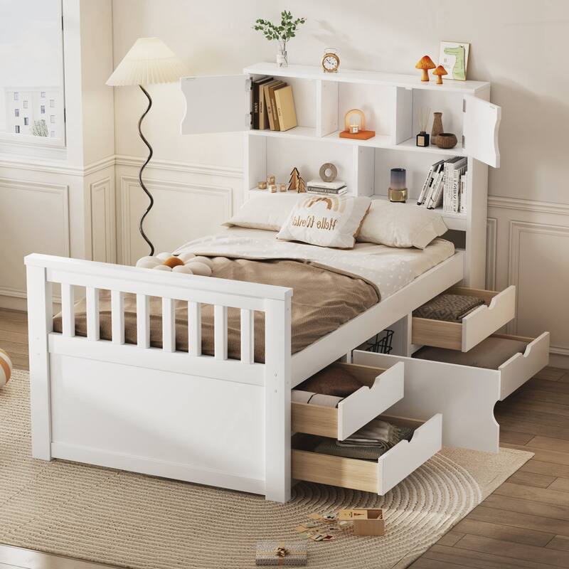 Twin Size Captain Platform Bed Frame with Storage Bookcases and Shelves - White