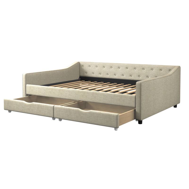 Modern Sofa Bed with Two Large Storage Drawers and Waved Arms Design