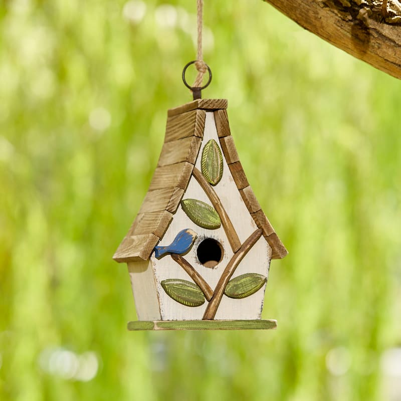 Glitzhome 12.5"H Distressed Solid Wood Birdhouse with 3D Leaves