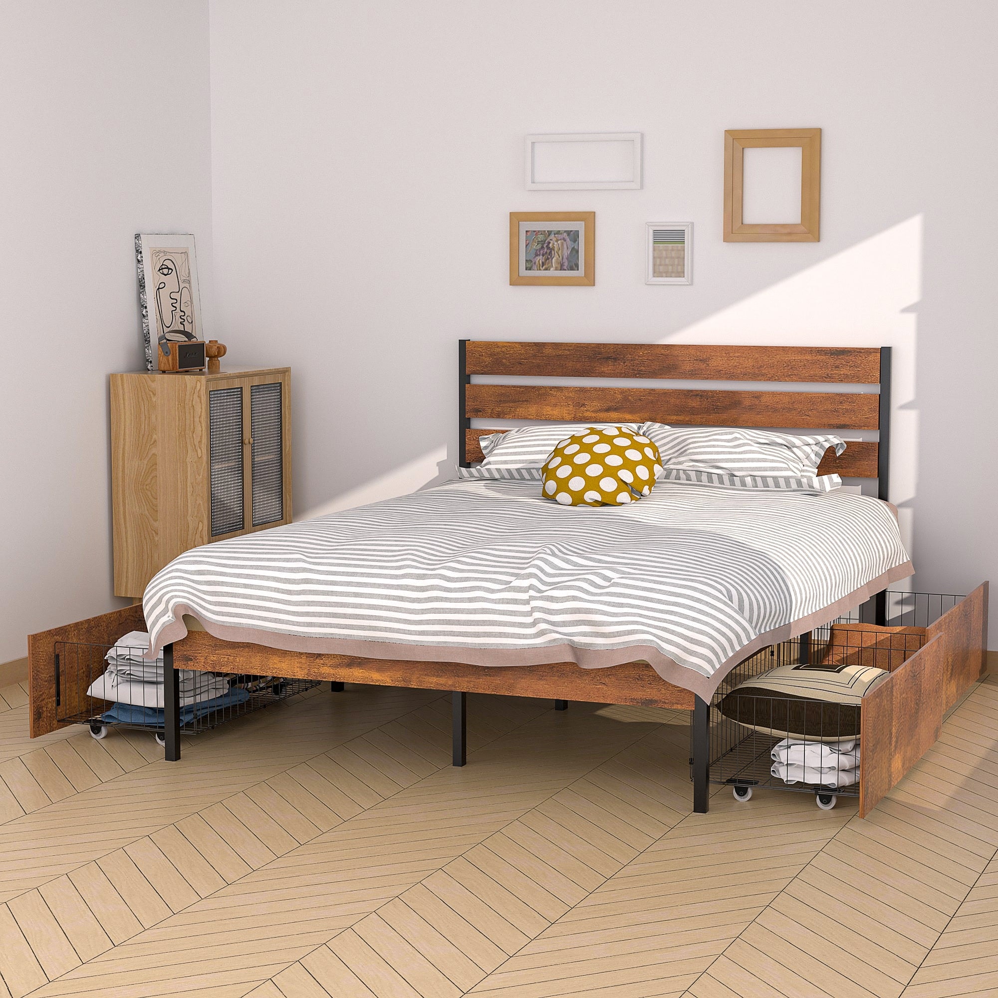 VECELO Upholstered Full/Queen Size Platform Bed Frame with 4 Storage Drawers