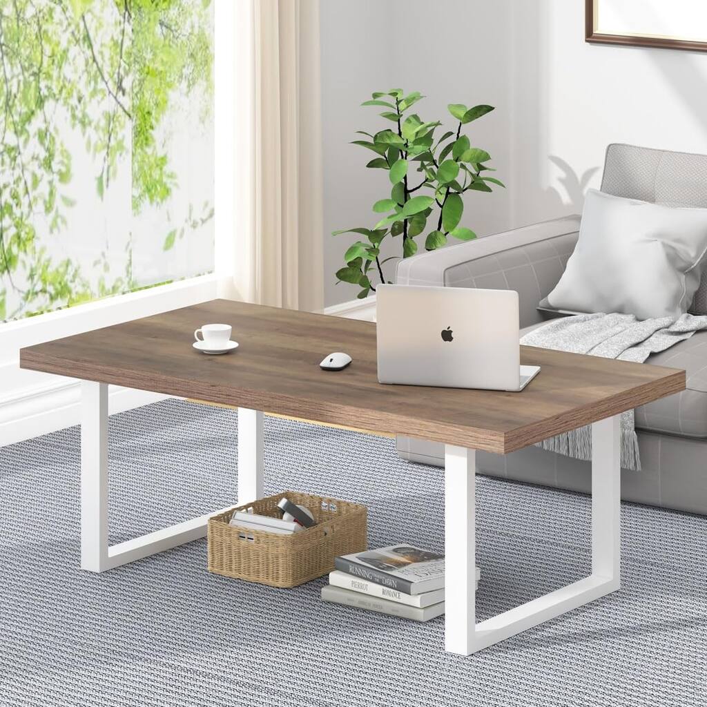 Living Room Table, Modern Minimalist Wood Coffee Table, Simple Industrial Rectangle Center Table, Wood and Metal Table, 47 Inch