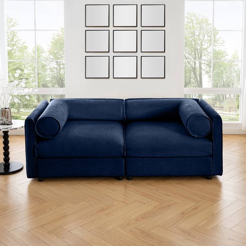 Modern 2-Seater Storage Loveseat with Cylindrical Backrest & Armrests - Blue