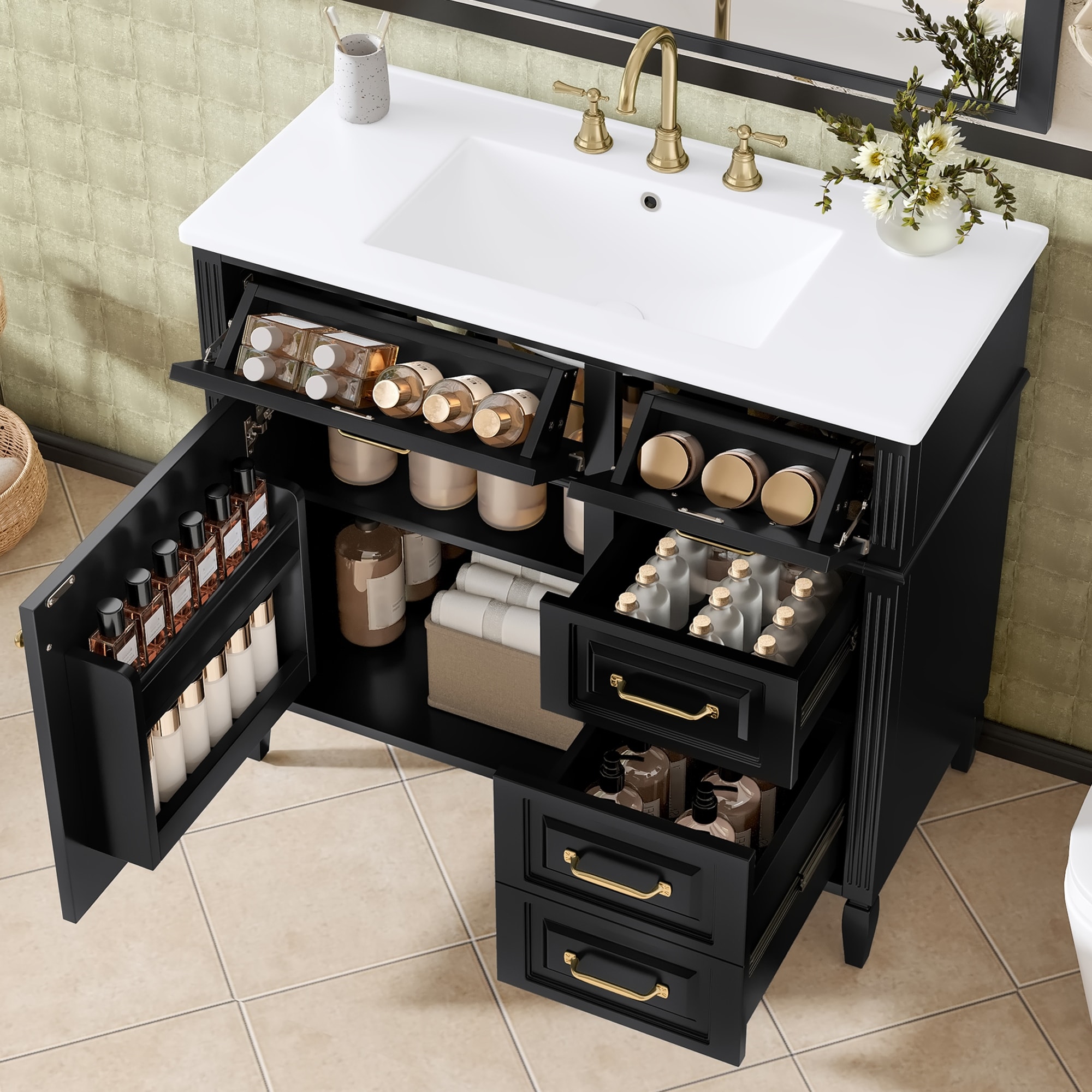 36" Bathroom Vanity, Ceramic Top, Solid Wood Frame, Flip Drawer, Adjustable Shelf, Metal Handles, Freestanding (No Faucet)