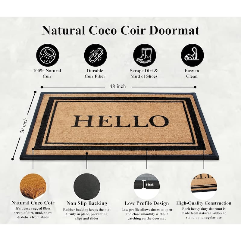 A1HC Natural Coir & Rubber Door Mat, 30x48, Thick Durable Doormats for Outdoor Entrance