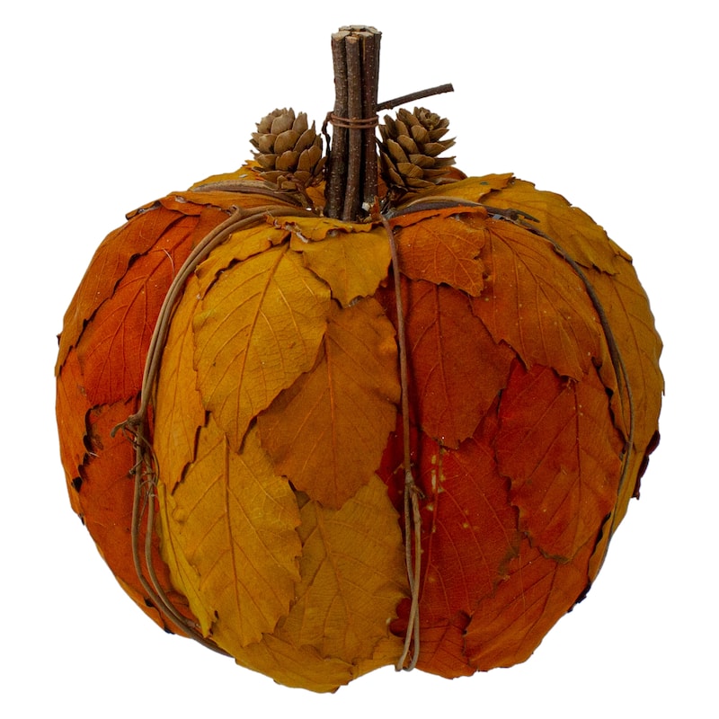 Fall Harvest Layered Leaves Pumpkin with Pinecones Decoration - 7.5" - Orange