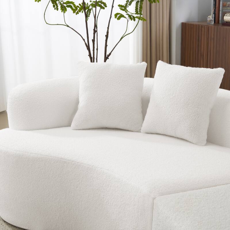 Curved Four Seater White Sofa, Teddy Velvet Fabric, Foam+Spring, Compact for Small Spaces