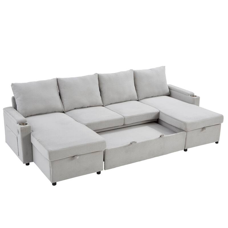 Convertible Sofa Bed with Pull Out Bed, U-Shaped Sectional Sofa with Dual Storage Chaise Lounges, USB Ports & Cup Holders