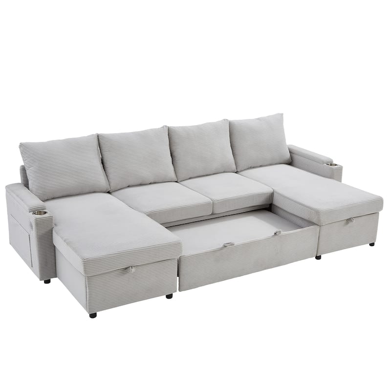 U-Shaped Sectional Sofa Convertible Sleeper Sofa with Dual Storage Chaise Lounges, Cup Holders, USB, Storage Boxes and Pockets